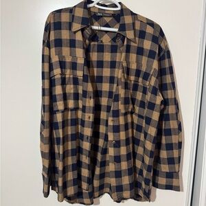 Zara Navy and Tan Checkered Flannel Shirt